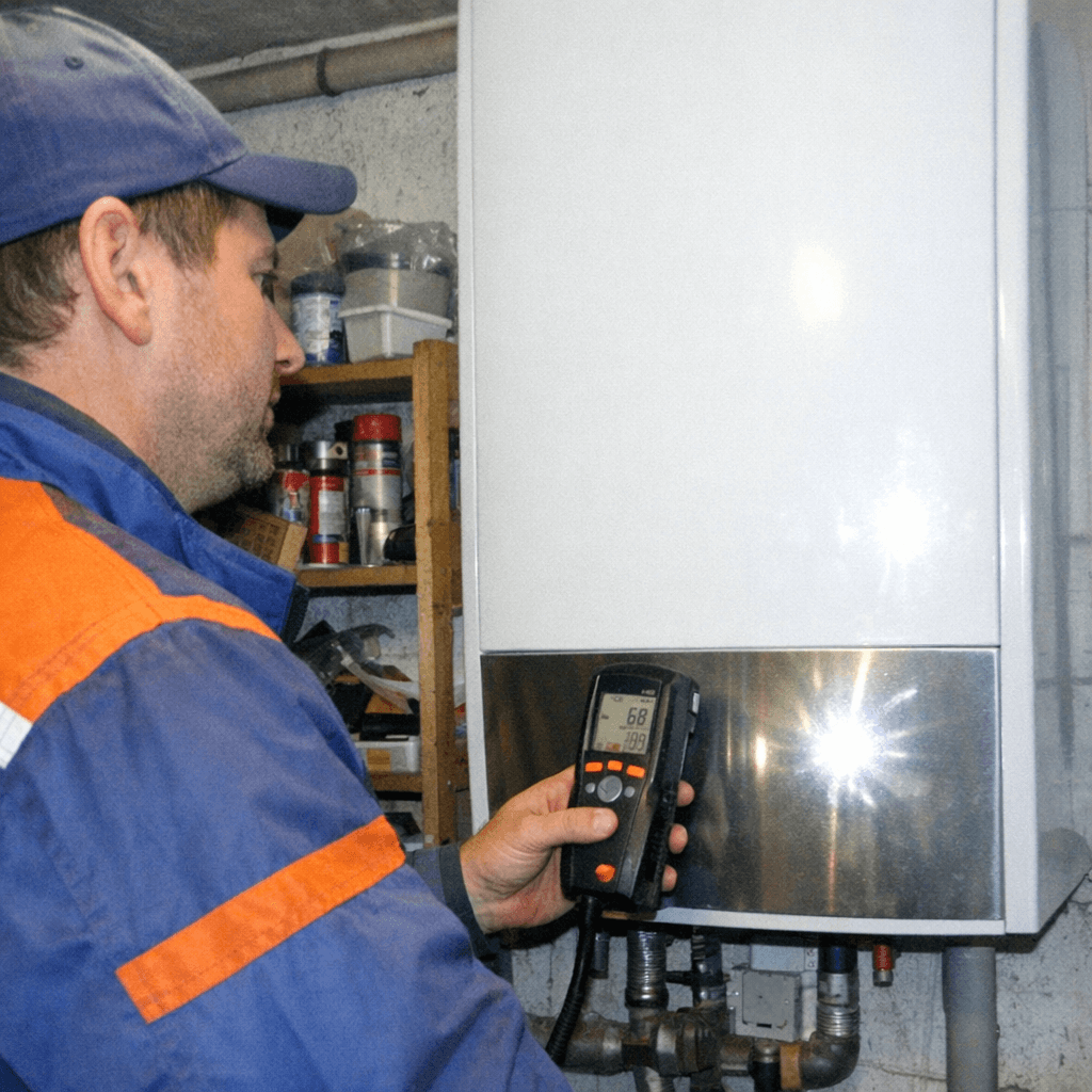 Techniker überprüft Messwerte am Heizungsdiagnosegerät vor einem offenen Heizkessel