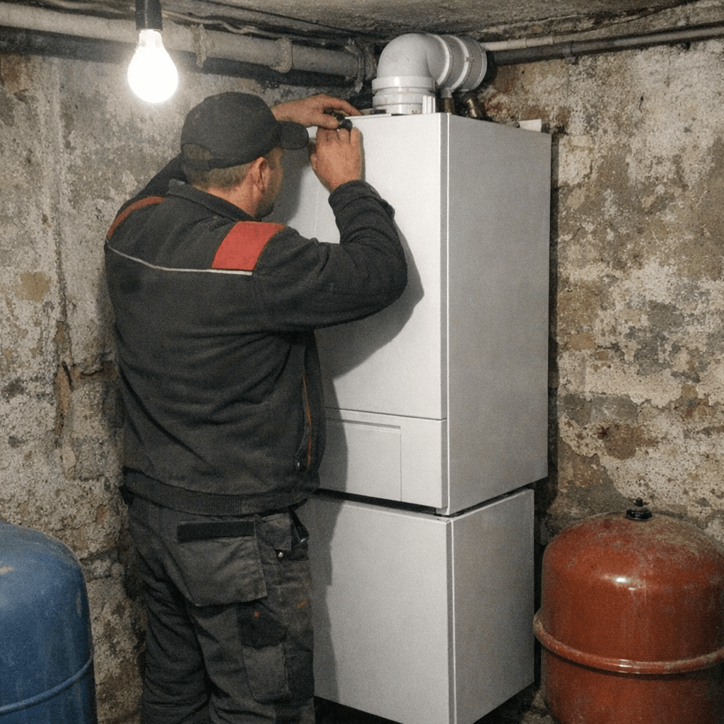 Techniker überprüft einen Heizkessel auf Leckagen mit Messgeräten