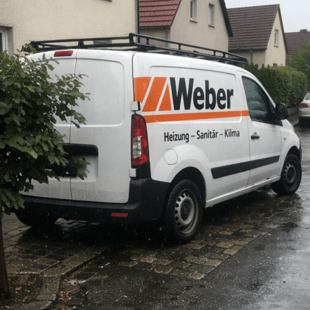 Weißes Servicefahrzeug steht abends vor einem Mehrfamilienhaus, Werkzeugkisten im geöffneten Laderaum