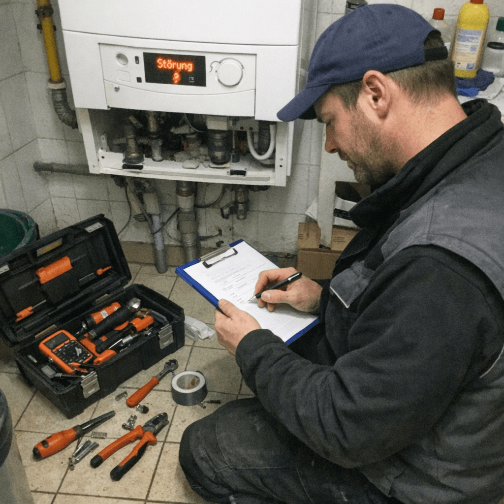 Techniker steht nachts im Heizungskeller, trägt Stirnlampe und notiert Messwerte auf einem Formular