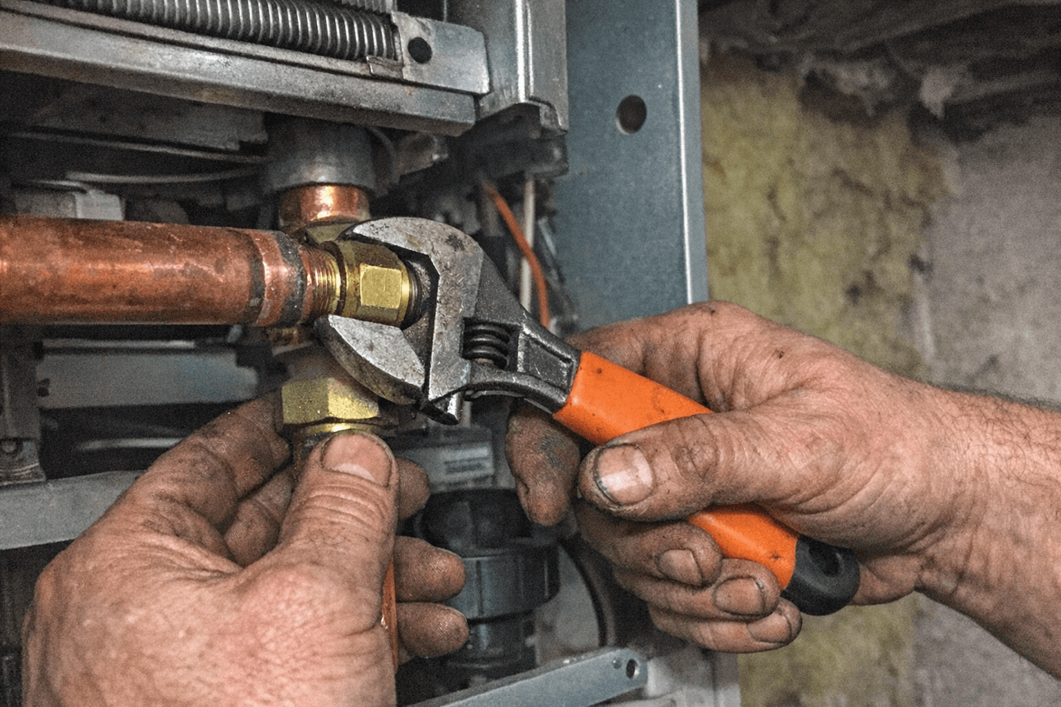 Monteur mit Arbeitshandschuhen montiert ein Bauteil an einer geöffneten Gastherme, Schraubendreher in der Hand