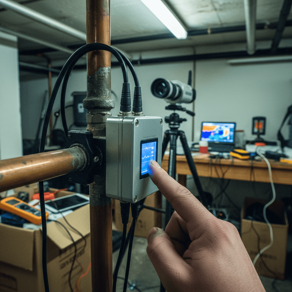 Wärmebildkamera zeigt farbige Temperaturverläufe an Heizungsleitungen, ein Techniker hält das Gerät vor die Rohrdämmung